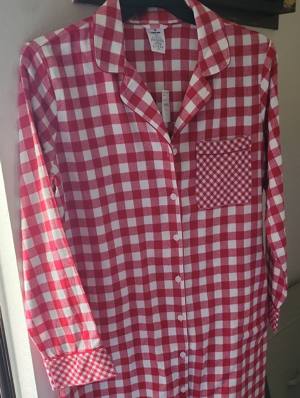 Lands' End Red and White Checked Button-Front Sleep Shirt
